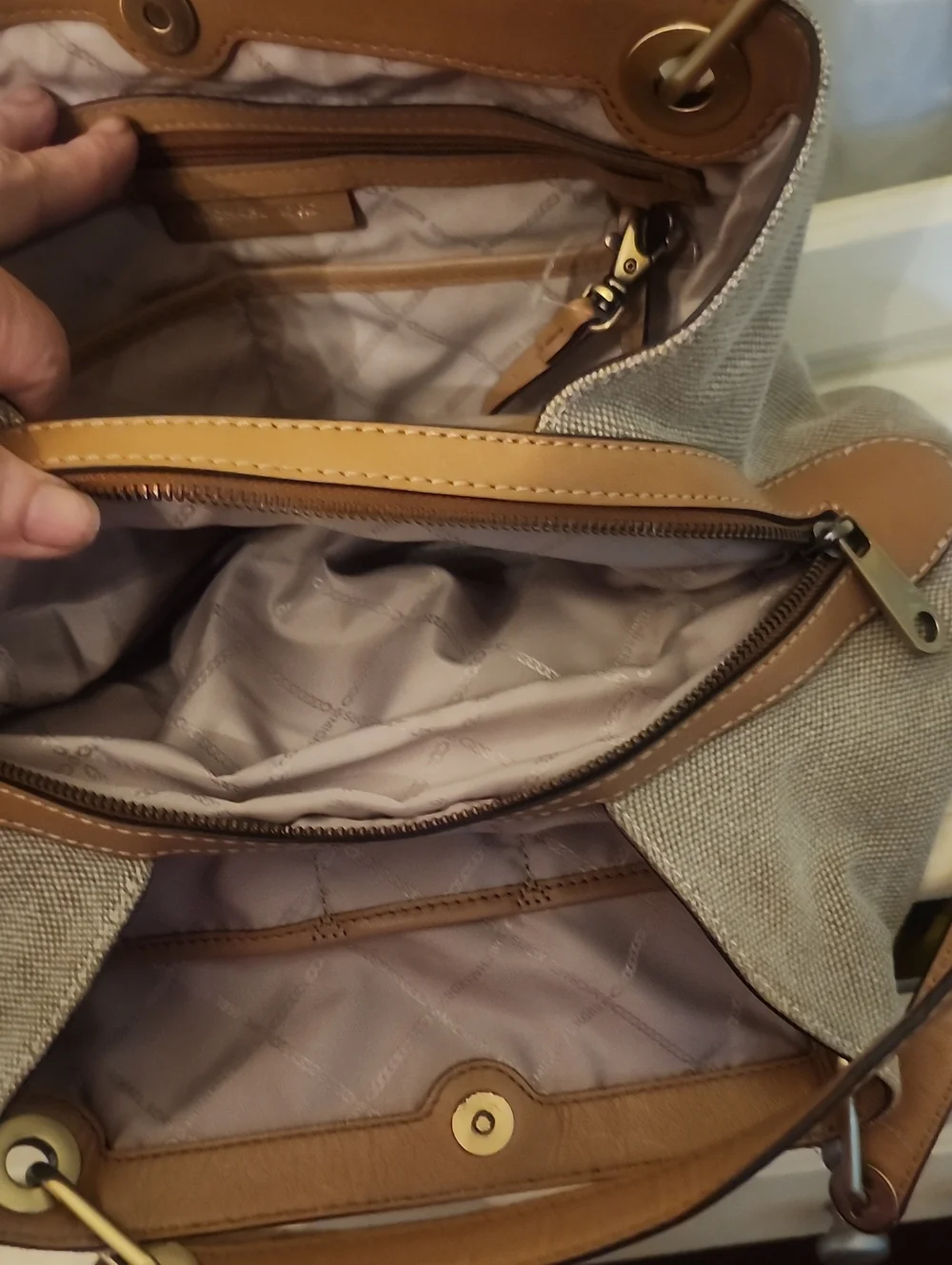 Michael Kors Beige Canvas Shoulder Bag with Tan Leather Trim